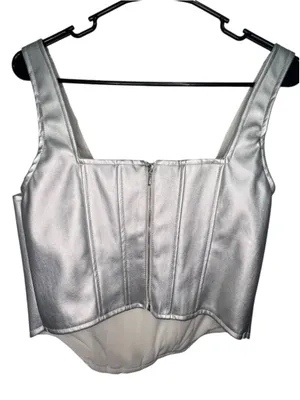 Japna Silver Metallic Corset Square Neck Faux Leather Y2K Tank Top thumbnail 1