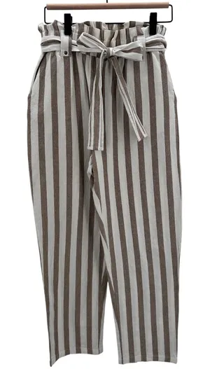 Women's Striped Cotton Paperbag Waist Blend Pants Medium Neutral Minimalist‎ thumbnail 1