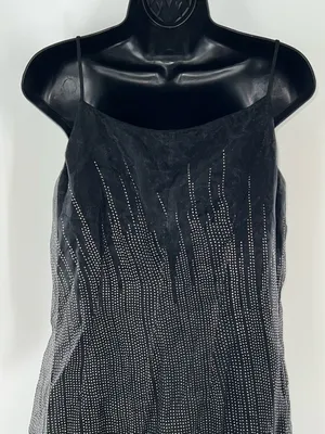 Black Rhinestone-Trim Midi Slip Dress with Spaghetti Straps-Size 12 thumbnail 6