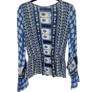NWT Free People Rosalie Blouse Top‎ Indigo Combo Smocked Bell Sleeve Size Small thumbnail 6