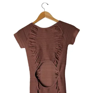 AURA Ruched Bodycon Dress Women Large‎ Brown NWT Cutout Back Ribbed Knit Sheath thumbnail 6