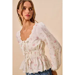 SO ME Floral Clip Dot Lace Trim Ruched Bodice Blouse - White - Medium thumbnail 2