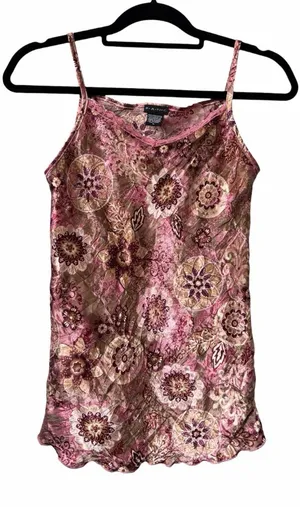 Vintage Y2K FANG Satin Floral Slip Spaghetti Strap Tank Top in Pink Brown Size L thumbnail 1