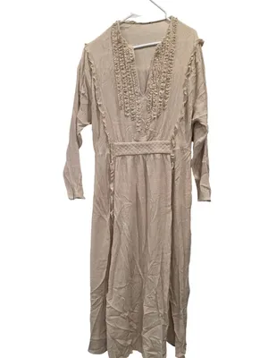 Massimo Dutti Beige Textured Long-Sleeve Midi Dress Ruffle & V-Neckline Size M thumbnail 5