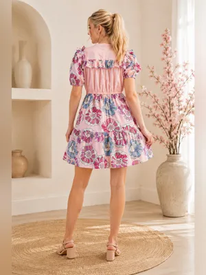 Gigio Pink Floral Ruffle Puff Sleeve Dress Size Large thumbnail 3