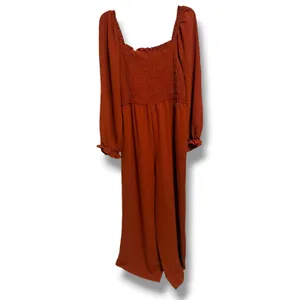 Francesca's Rust Orange Smocked Wide Leg Jumpsuit Long Sleeve Square Neck XL NWT thumbnail 3