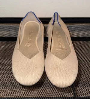 Rothy’s Knit Ballet Flats in Beige with Blue Trim thumbnail 1