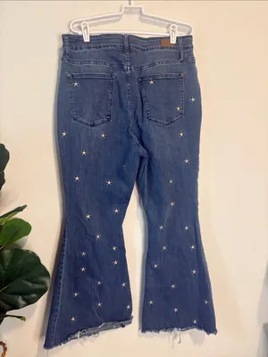 Judy Blue Dark Blue embroidered Star Accent super Flare bell bottom Jeans 20w thumbnail 5