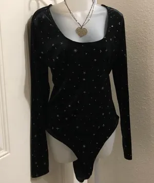 Whimsygoth Black silver accents celestial stars moon stretch bodysuit long sleeve scoop square neckline thumbnail 1