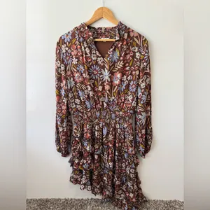 BTFL LIFE Brown Floral Asymmetrical Ruffled Dress‎ Size Large thumbnail 2