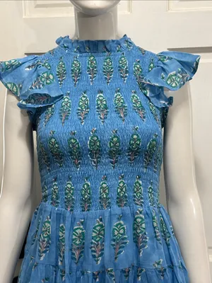 OLIPHANT 100% Cotton Smocked Flirty Ruffle Blue Block Print | Size Small thumbnail 4