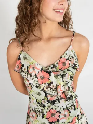 No Comment Floral Asymmetrical Hem Ruffle Mesh Midi w Midi Slip Dress Size L thumbnail 2
