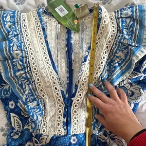 Farm Rio‎ Floral Linen Jumpsuit Tropical Puff Sleeve Women Medium NWT Blue White thumbnail 8