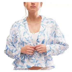 Free People Beauty Sleep‎ Shirt Womens Medium White Blue Floral Satin Lounge thumbnail 1