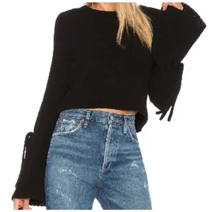 Lovers + Friends Parkwood Black Chenille Knit Tie Bell‎ Sleeve Cropped Sweater M thumbnail 1
