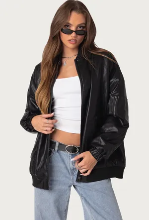 Edikted Faux Leather Oversized Bomber Jacket thumbnail 1
