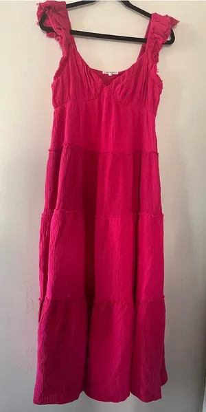 Hot Pink Tiered 100% Cotton Gauze Maxi Dress Small Coastal Euro Summer Beach thumbnail 1