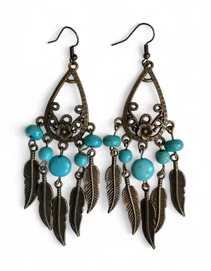 Handmade Bronze Teardrop Chandelier Earrings Turquoise & Feathers thumbnail 1
