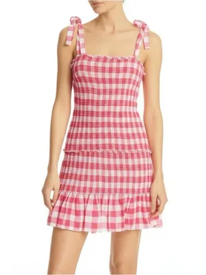 Sincerely Jules Gingham‎ Check Smocked Ruffle Mini Dress Red White Medium Preppy thumbnail 2