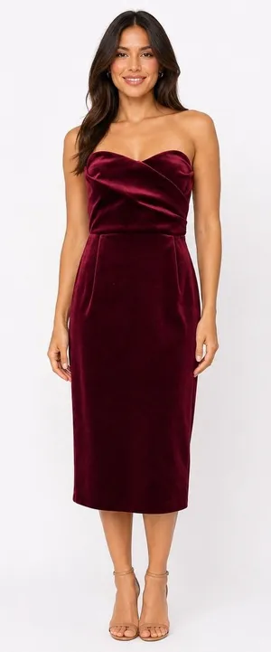 Express Velvet Strapless Midi Dress M Burgundy Draped Sweetheart Cocktail thumbnail 1
