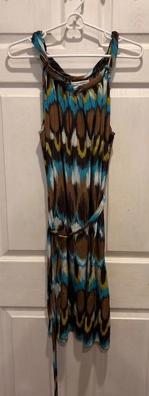 Banana Republic Womens Large 100% Silk Ikat Print Sleeveless Belted Dress Brown thumbnail 1