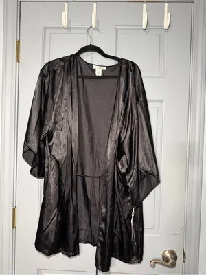 Linea Donatella Black Satin Camisole and Fringe Robe Set thumbnail 7