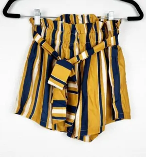 Shein Striped Paperbag Belted Shorts Yellow Bloue‎ S thumbnail 1