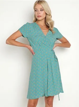 Rollas Cleo Emmy Lou Wrap Dress Teal Floral Print Mini V-Neck Short‎ Sleeve XS 6 thumbnail 1