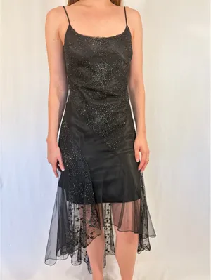 Sparkly Black Open Back Tie Overlay High Low Y2k Dress thumbnail 5