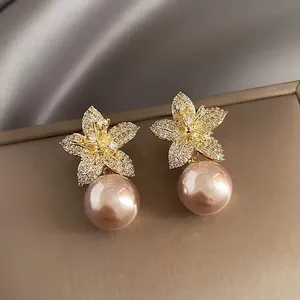 Elegant Flower Pearl Dangle Drop Earrings for Women thumbnail 2