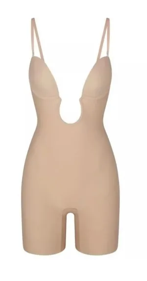SKIMS All In ONE Deep Plunge Shapewear Mid Thigh Bodysuit size L Clay NWT thumbnail 1