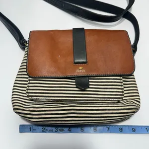 Fossil Kinley Crossbody Bag Womens Small Brown Striped Canvas Leather Flap Purse thumbnail 5