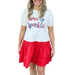 Peach Love Born To Sparkle Dress Womens Medium White Red Fourth‎ of July Festive thumbnail 13