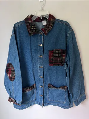 Vintage Zana Di 90s plaid trim denim barn jacket 🔷 thumbnail 1