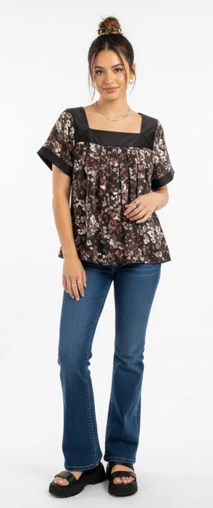 Apostrophe Brown Floral Blouse Flounce Sleeve Square Neck Relaxed Top Sz M thumbnail 1