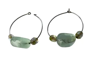 Vintage Hoop Earrings Green Stone‎ Glass Bead Boho Artisan Jewelry thumbnail 1