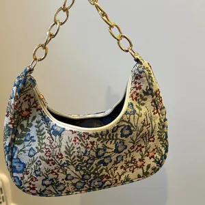 Floral Print Bag with Gold Chain Blue thumbnail 7