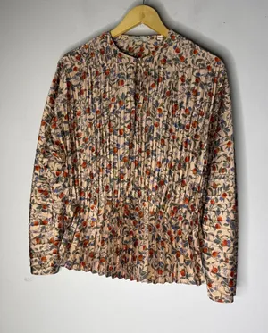 Vince Womens Pomegranate Floral Pleated Long Sleeve Blouse Tan Orange Small thumbnail 1