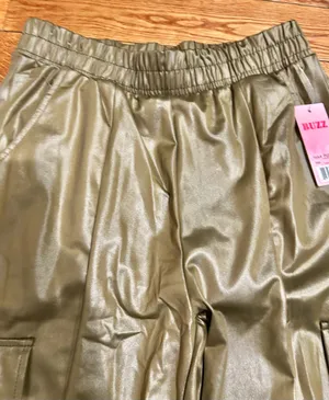 BUZZ FASHION Cargo Wide Leg PULL-ON SATIN Effect heigh waisted stretchy pants L thumbnail 7