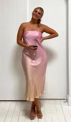 Zara midi dress maxi tie dye pink beige satin strapless wedding shower date thumbnail 3