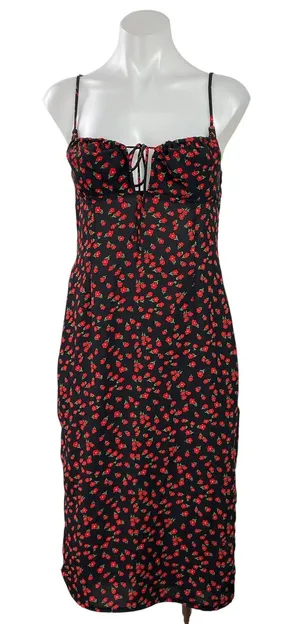 Princess Polly Black Red Floral Sleeveless Tie Slit Cami Midi Slip Dress Size 6 thumbnail 1