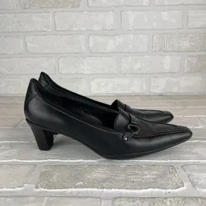 ECCO Loafer Pumps Women 7.5 38 Black Leather Pointed Toe Block Heel Strap Office thumbnail 2