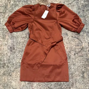 Samsoe Samsoe Celestina Short Dress Brandy Brown Satin Puff Sleeve NWT Size S thumbnail 6