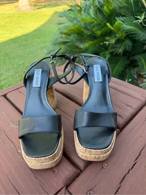 Steve Madden Warped Black Leather Cork Platform Sandals 8.5M $125 Retail thumbnail 2