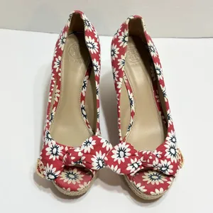 Tory Burch Dory Red Floral Canvas Peep Toe Wedge Espadrilles Size 7.5 Beachy thumbnail 7