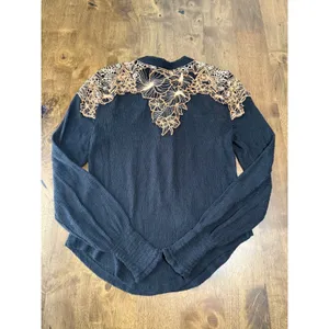 EUC Womens Free People Easy Breezy Henley top black embroidered size‎ S thumbnail 2