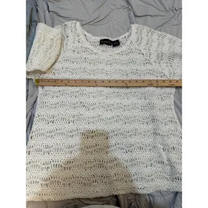 Frazzle Womens White Crochet Open Knit Scoop Neck Button Tab Sleeve Sweater L thumbnail 5