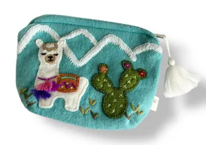 Wool Llama & Cactus Handmade in Peru Makeup Travel Cosmetics Bag Turquoise thumbnail 1