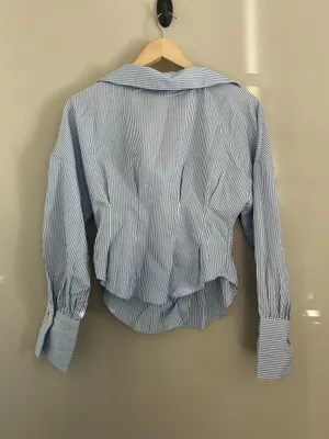 Commense Blue and White Striped Collared Shirt with Waist-Cinching Design Small NWT thumbnail 3