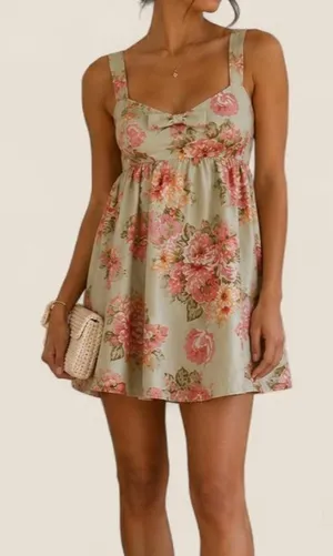 Lulus sage floral satin babydoll mini dress size small thumbnail 1